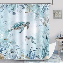 Gy Atelier Duş Perdesi Deniz Kaplumbağası Mavi Okyanus Plaj Sahil Duş Perdeleri 180 x 180 cm Küf Tutmaz Su Geçirmez Polyester Kumaş Yıkanabilir Banyo Perdesi 12 Kancalı Banyo Perdesi