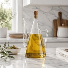 Gy Atelier 500 ml Ibrik Cam Yağdanlık, Mantar Tıpalı Kulplu Zeytinyağı ve Sirkelik, Uzun Ince Akıtma Uçlu Şeffaf Cam Yağlık, Mutfak ve Sofra Sunum Şişesi