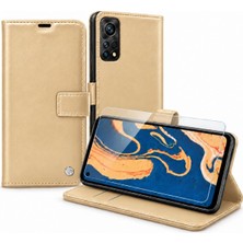 Gy Atelier Xiaomi 12T Ile Uyumlu Cüzdanlı Kartlıklı Standlı Kapaklı Suni Deri Telefon Kılıfı ve Ekran Koruyucu Cam Seti - Altın Rengi