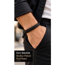 Herşey Nota Dravon Selia Siyah Deri Erkek Bileklik - Kalın Çift Örgü Katmanlı Model