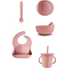 Gy Atelier 4'lü Silikon Beslenme Seti - Mama Önlüğü - Vakumlu Mama Kasesi - Pipetli Bardak - Kaşık - Pembe
