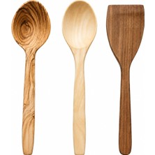 Gy Atelier El Yapımı 3'lü Ahşap Mutfak Seti – Zeytin Kaşık, Şimşir Kaşık ve Ceviz Spatula – 31 cm Premium Doğal Ahşap Servis Seti