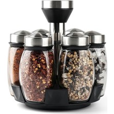 Gy Atelier 6'li Döner Standlı Baharatlık Seti, Paslanmaz Çelik Gövdeli, Cam Şişeli, Koku Yapmaz, Kolay Temizlenebilir, 360 Derece Dönebilen Gövdeli Mutfak Restoran Büfe Kullanımlı Yuvarlak Standlı Baharatlık