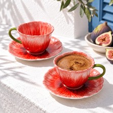 Gy Atelier 2 Kişilik Porselen Kahve Fincan Seti Dalgalı 2 Fincan 2 Tabak,kırmızı
