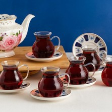 Gy Atelier 17903 Laleli 12 Parça 6 Kişilik Çay Seti – 210 ml Borosilikat Cam Kulplu Tombik Bardak ve Porselen Çay Tabağı Takımı