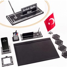 Ofistike Sümen Takımı Türk Bayraklı 10 Parça Siyah Kişiye Özel Ahşap Isimlikli Mermer Desenli Türk Bayrağı