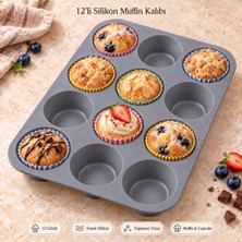 Gy Atelier 12'li Silikon Muffin Kalıbı Gri Cupcake Mini Kek Browni Kurabiye Tatlı Pişirme Tepsisi Esnek Tek Parça Yuvarlak Bölmeli Porsiyonluk Ikram Hazırlama Pastacılık Malzemesi Mutfak Gereci