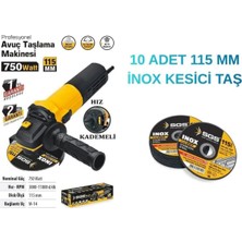 Gy Atelier 750 Watt Avuç Taşlama Makinesi 115 Mm, Devir Ayarlı + 10 Adet Inox Kesici Taş Seti