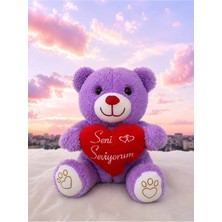 Sevgiliye Hediyelik Kırmızı Kalpli ''seni Seviyorum'' Peluş Mor Ayıcık Oyuncak 35 cm Özel Tasarım