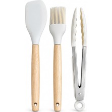 Gy Atelier 3 Parça Silikon Mutfak Seti, Ahşap Saplı Spatula, Yağlama Fırçası ve Silikon Uçlu Mutfak Maşası, Kırık Beyaz
