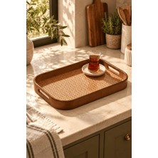 Gy Atelier Akasya Çerçeveli Hazeran Dikdörtgen Tepsi 40X28 cm - Kulplu Bohem Çay Kahve Sunum Tepsisi