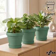 Gy Atelier Tabaklı Delikli Plastik Çiçek Saksısı, 24 cm 5.5 Lt, 3 Adet, Yeşil
