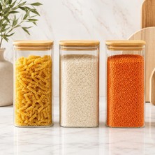 Gy Atelier 3'lü 1850 ml Dikdörtgen Cam Kavanoz Seti, Bambu Kapaklı Hava Geçirmez Erzak Saklama Kabı, Makarna Kahve Bakliyat ve Kuru Gıda Için