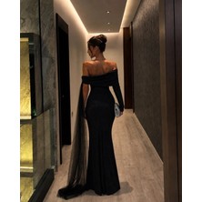 Defy Moda Kadın Tek Omuz Taş Işlemeli Tül Pelerin Detaylı Simli Krep Elbise