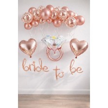 Gy Atelier Patladı Gitti Bride To Be El Yazısı, Tek Taş Yüzük ve Kalp Folyo Balonlu Rose Gold Set