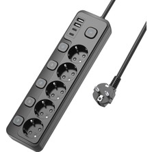 Akım Korumalı Çoklu Priz, 2 Adet Usb, 2 Adet Type-C Girişi, 5 Adet Ac Girişi, Hızlı Şarj Desteği, 2m Kablo Uzunluğu, Ayrı Aç-Kapa Tuşları, Tüm Elektronik Cihazlar Ile Uyumlu 9 Portlu Priz Çoğaltıcı