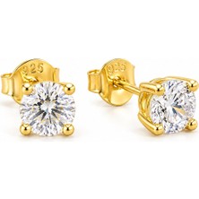 Afrodit Silver 925 Ayar Gümüş 6 mm Zirkon Taşlı Sarı Gold Kaplama Kadın Küpe
