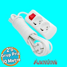 Tr Kablolu Grup Priz Fiş 10 Metre Topraklı Anahtarlı Düğmeli Çoklu Çoğaltıcı Asmalı 2'li