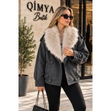 Qimya Butik Levure Kadın Seyyar Kürk Yakalı Apoletli Beli Lastikli Kruvaze Kaşe Mont