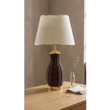 Kahverengi Örme Hasır ve Gold Detay Ayak Açık Krem Gold Şeritli Kumaş Şapka Modern Abajur Modelleri