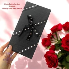 Gümüş Kalp Baskılı Siyah Şerit Kurdele, 1.5 cm Kurdele, 3 Metre