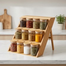 Bambu Standlı 12'li Baharatlık Seti, 200 ml Borosilikat Cam Kavanoz, Bambu Vakum Kapaklı, Tezgâh Üstü ve Çekmece Içi Düzenleyici