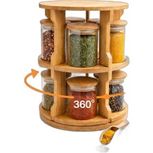 10'lu Döner Baharatlık (7x7 Cm) Seti, Bambu Standlı Cam Kavanoz Baharatlık Organizer 360° Döner