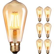 Edison Vintage LED Ampul E27 (4W/220V) 2600-2700 K Retro Antik, Kehribar Sıcak, 6'li Paket