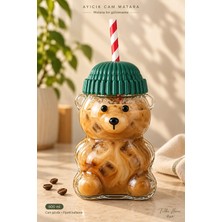 Tilbe Home Ayıcık Şekilli Cam Matara 600 ml Pipetli Kapaklı Suluk Su Şişesi Soğuk Kahve Limonata Kokteyl Meşrubat Bardağı Şeffaf Cam Gövde Ev, Ofis İçecek Sunumu İçin Dekoratif Ayıcık Şeffaf Bardak