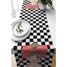 Pelangi Siyah Beyaz Dama Desen Leke Tutmaz Kumaş Salon Mutfak Masa Değişik Ranır Modelleri Runner, Siyah-Beyaz-Pembe 40 x 140