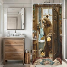 Küçük Stall Rv Komik Ayı Duş Perdesi Banyo Seti 80 cm x 180 cm Çiftlik Evi Hayvan Banyo Retro Rustik Ülke Ahşap Yaban Hayatı Banyo Aksesuarları Komik Sanat Ev Dekor Kumaş 7 Paket Kanca