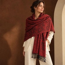 Eos Kolektif Kırmızı Siyah Paisley Desenli Çift Taraflı Paşmina Şal 175X70 cm
