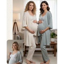 Bone Club  Ekru Keten  Penye Hamile Lohusa 3 Lü Pijama Sabahlık Tk