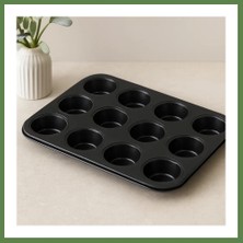 Bezos 12 Gözlü Metal Muffin Kek Kalıbı - Siyah (Düz) HB006