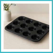 Defne Store 12 Gözlü Metal Muffin Kek Kalıbı - Siyah (Düz) Dfnbez