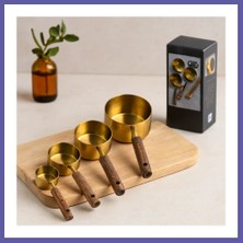Nida 4'lü Ölçü Kaşık Seti (250/125/80/60 Ml) - Gold Metal Ahşap Saplı Nıda