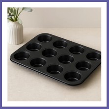 Nida 12 Gözlü Metal Muffin Kek Kalıbı - Siyah (Düz) Nıda