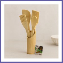 Nida Ahşap Bambu Mutfak Servis Seti 5 Parça (Kaşık, Çatal, 2 Spatula, Stand) 27.5/30 cm Nıda
