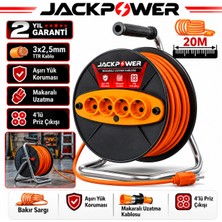 Jackpower Metal Gövdeli Makaralı Uzatma Kablosu 20M 3x2.5 mm 4 Prizli Şantiye Atölye Bahçe Aletlere Uygun Tip
