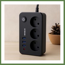 Bezos Anahtarlı Termal Korumalı 3'lü Priz + 3xusb 2.1A 2m Uzatma Kablosu Siyah HB006