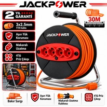 Jackpower Metal Gövdeli Makaralı Uzatma Kablosu 30M 3x2.5 mm 4 Prizli Şantiye Atölye Bahçe Aletlere Uygun Tip