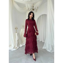 Miss Beyoğlu Katmanlı Volanlı Şifon Uzun Elbise - Uzun Kollu Kadın Elbise