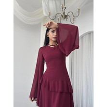 Miss Beyoğlu Volan Detaylı Şifon Elbise - Geniş Kollu Uzun Kadın Elbise