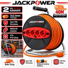 Jackpower Metal Gövdeli Makaralı Uzatma Kablosu 40M 3x2.5 mm 4 Prizli Şantiye Atölye Bahçe Aletlere Uygun Tip
