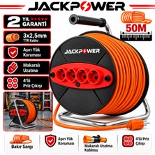 Jackpower Metal Gövdeli Makaralı Uzatma Kablosu 50M 3x2.5 mm 4 Prizli Şantiye Atölye Bahçe Aletlere Uygun Tip
