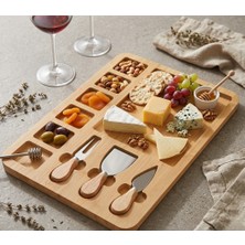 Doğal Bambu Bıçaklı Peynir Servis Sunum Tabağı & Kahvaltı Sunum Tahtası Seti (4 Parça - 33X23 Cm)