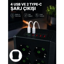 MiraLive 8'li Dikey Çoklu Priz 4 USB 2 Type-C Akım Korumalı Anahtarlı Priz