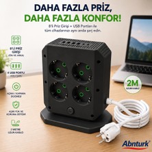 Abnturk 2500W Akım Korumalı Siyah Çoklu Priz-8 Eu Priz Girişi 4 USB ve 2 Type-C Portlu 2m Kablo Hızlı Şarj Aşırı Yük Korumalı Grup Priz