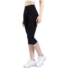 Tr Snc Kadın Yüksek Bel Kapri Yoga Tayt, Polyester Spandeks, Toparlayıcı Özellikli, Cepli, Siya