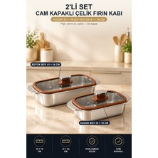 Viracasa 2'li Cam Kapaklı Çelik Fırın Kabı Seti 33X19 ve 41X24 cm Küçük ve Büyük Boy Fırın Tepsisi